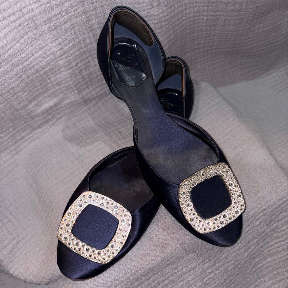 Roger Vivier Navy Satin d’Orsay Chips Strass Ballerina Flats